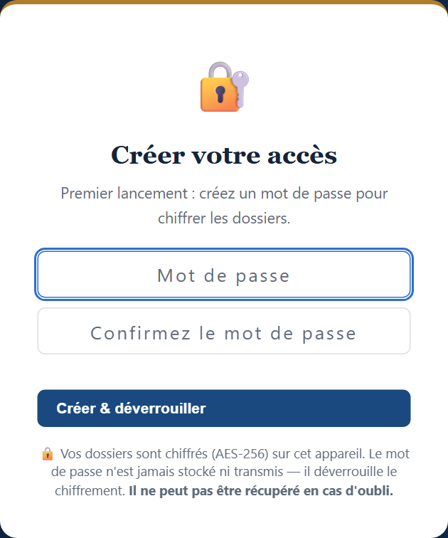 Écran de création du mot de passe