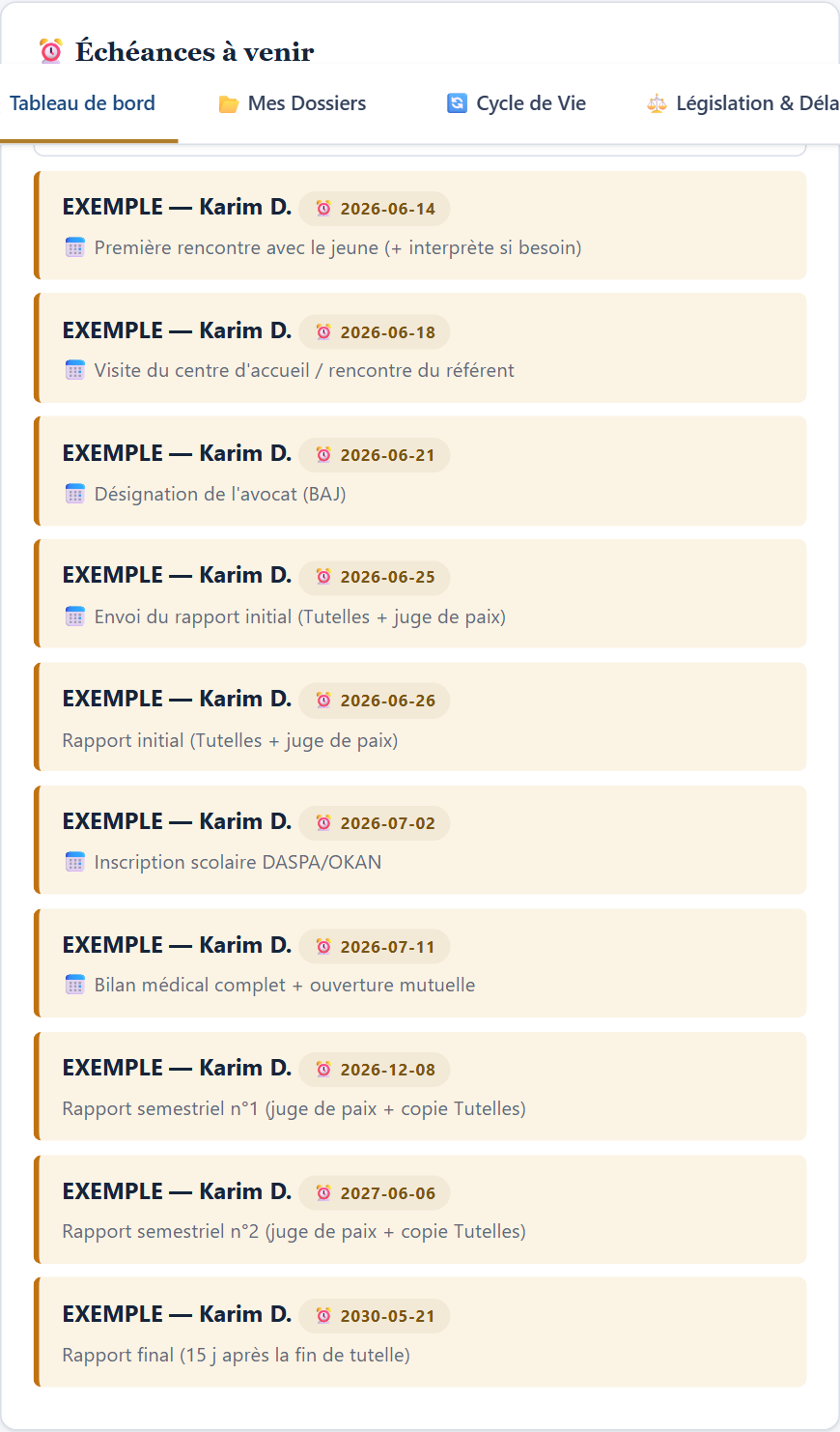 Échéances du jeune sélectionné