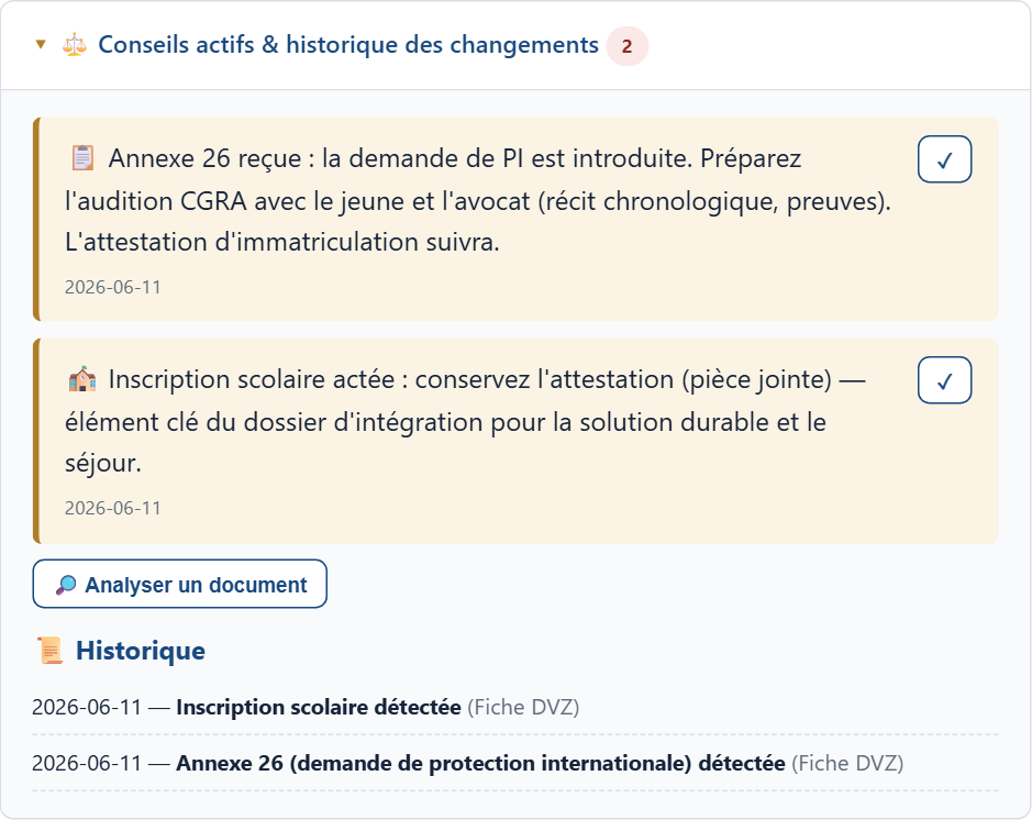 Conseils actifs et historique