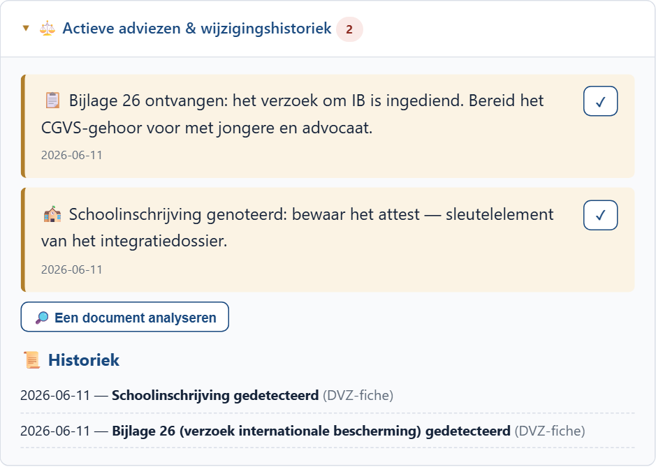 Actieve adviezen en historiek